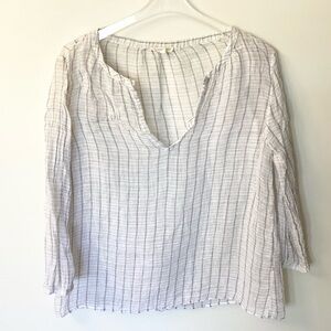Eileen Fisher 3/4 Sleeve 100% Linen Windowpane Print Gauze Top - White/Gray - S
